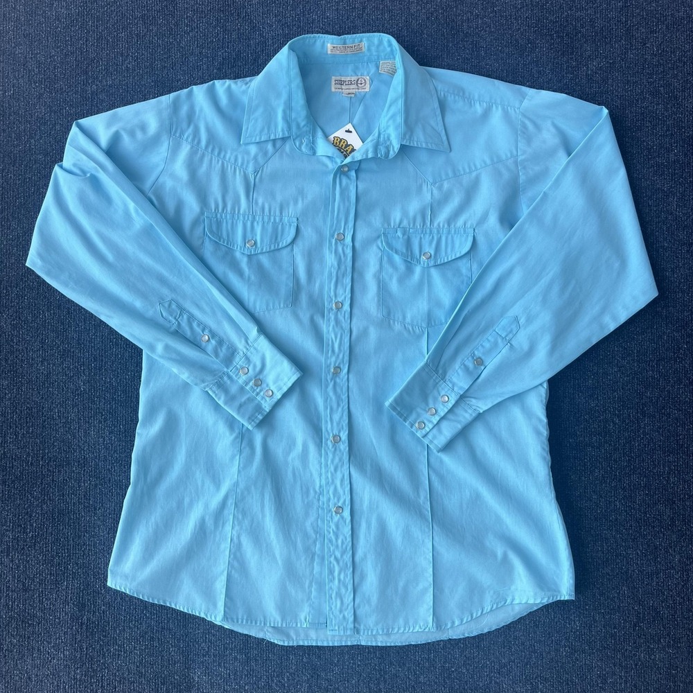 Sheplers Western Shirt Mens Large Blue Long Sleeve Pearl Snap Cowboy‎ Rodeo Fit
